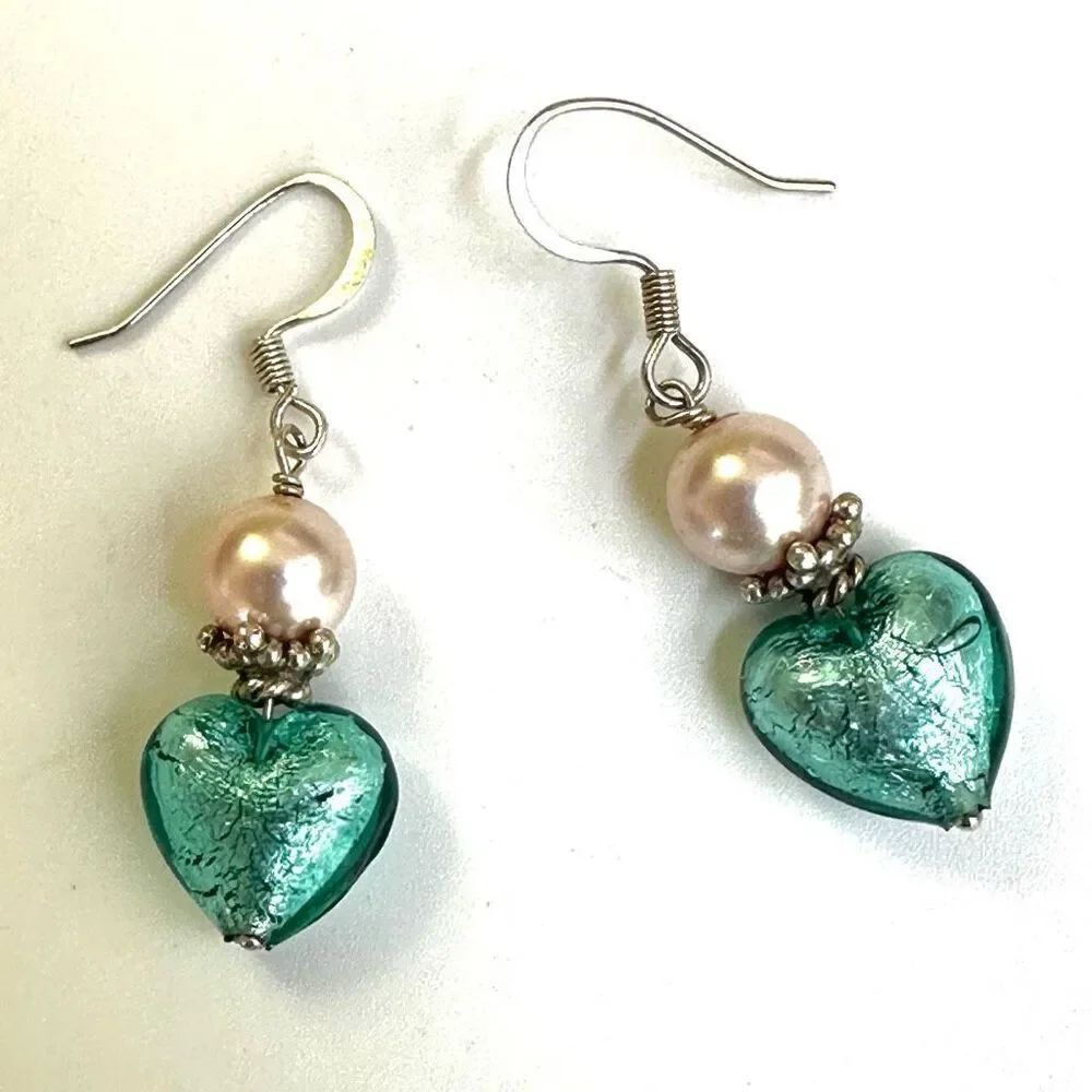 Green glass heart faux pearl drop earrings